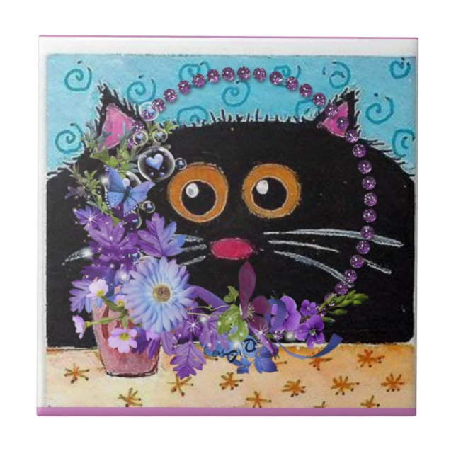 Cerâmica Gato Whimsical Floral de Azulejo cerâmico (Frente)