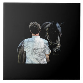 Cerâmica Homem Segurando Azulejo cerâmico escuro de cavalos