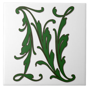 Cerâmica Leaf - Letra N no Azulejo de Monograma Verde
