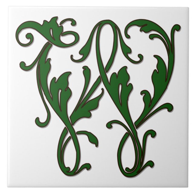 Cerâmica Leaf - Letra W no Azulejo de Monograma Verde (Frente)