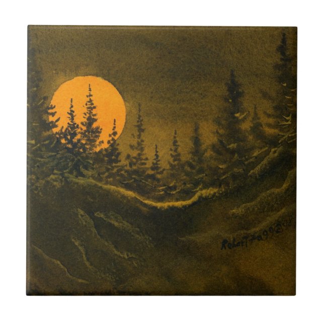 Cerâmica Lua noturna paisagem rural e azulejo de pinheiros. (Frente)