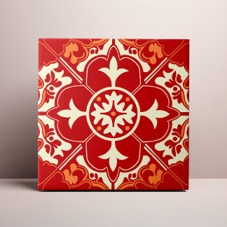 Cerâmica Mandalas de Azulejo Vermelho Creme e Laranja