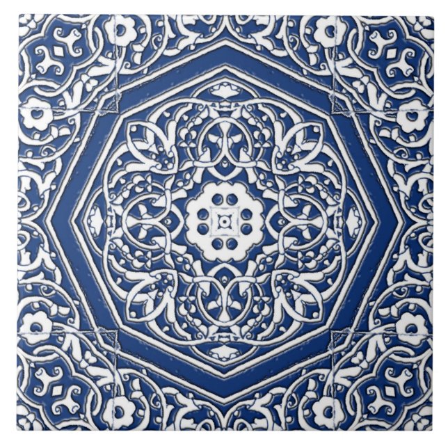 Cerâmica Medalhão no Padrão de Azulejo Persa - Azul e Branc (Frente)