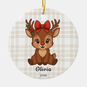 Cerâmica Menina de Natal com Ornamento de Rena