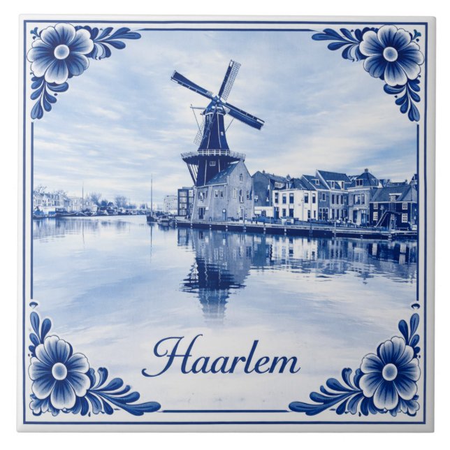 Cerâmica Moinho de vento de Haarlem azulejo estilo Delft Bl (Frente)