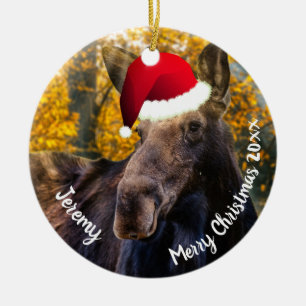 Cerâmica Moose em Ornamento Cerâmico de Santa Hat
