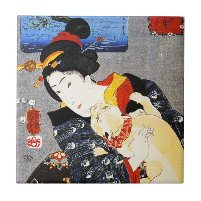 Cerâmica Mulher de Kuniyoshi com um azulejo do gato (Frente)
