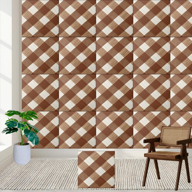 Cerâmica Na moda Brown e Azulejo de Grãos de Madeira Marrom (Stylish Brown and White Checkered Wood Grain Tile)