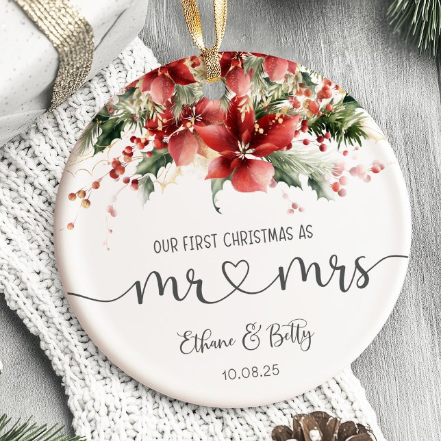 Cerâmica Nosso Primeiro Ornamento Casado de Natal, Sr. e Sr (Our First Christmas Married Ornament)