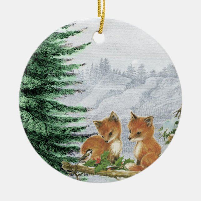 Cerâmica O bebê Foxes o ornamento das madeiras da árvore de (Frente)