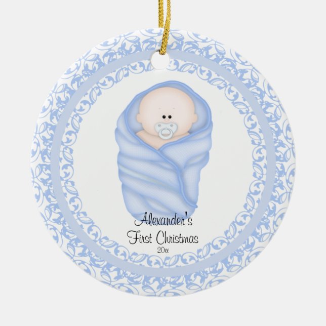 Cerâmica O Primeiro Ornamento de Natal do Bebê Azul (Frente)