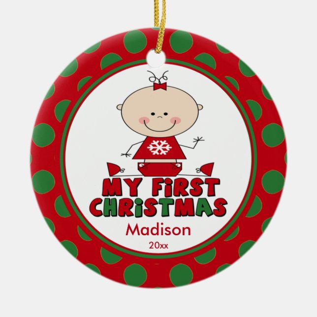 Cerâmica O Primeiro Ornamento de Natal do Bebê da Stick Fig (Frente)