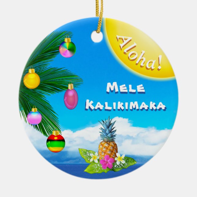Cerâmica Ornamento animadores de Mele Kalikimaka, 2 tomados (Frente)