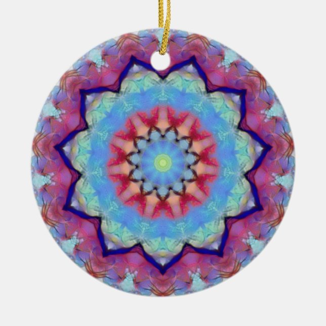 Cerâmica Ornamento Arredondado de Mandala, Flor Arco-Íris (Frente)