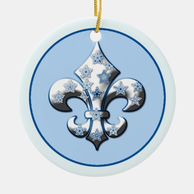 Cerâmica Ornamento azul e branco da flor de lis do floco de (Frente)