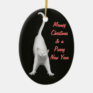 Cerâmica Ornamento customizável do gato branco do Natal de