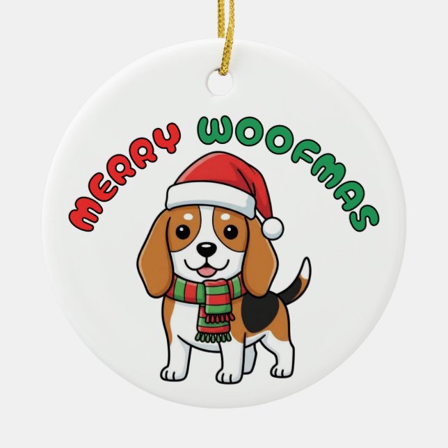 Cerâmica Ornamento da Beagle de Natal: Feliz Woofmas (Frente)