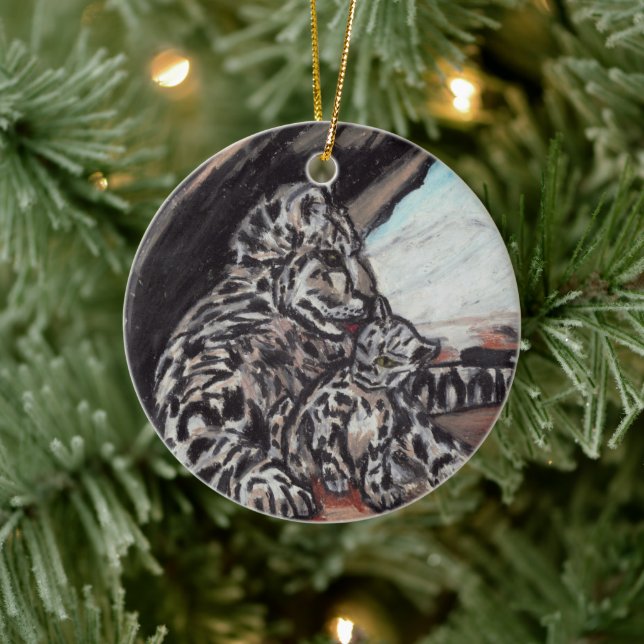 Cerâmica ornamento da MÃE LEOPARD DE NEVE E CUB (Árvore)