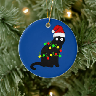 Cerâmica Ornamento das Luzes de Natal e Gato Negro