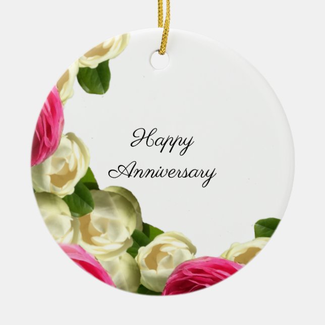 Cerâmica Ornamento de Aniversário Rosas Felizes (Frente)