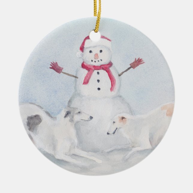 Cerâmica Ornamento de Arte Canina Borzoi e Snowman (Frente)