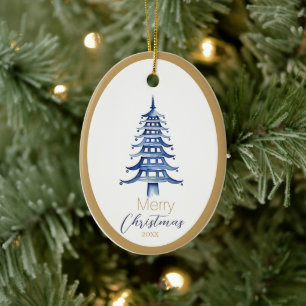 Cerâmica Ornamento de Árvore de Natal Pagoda Azul