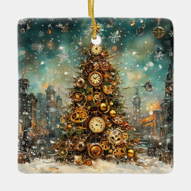 Cerâmica Ornamento de Árvore de Natal Steampunk (Frente)