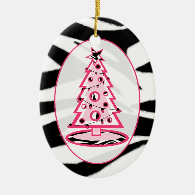 Cerâmica Ornamento de Árvore de Natal Zebra Impressa e Rosa (Frente)