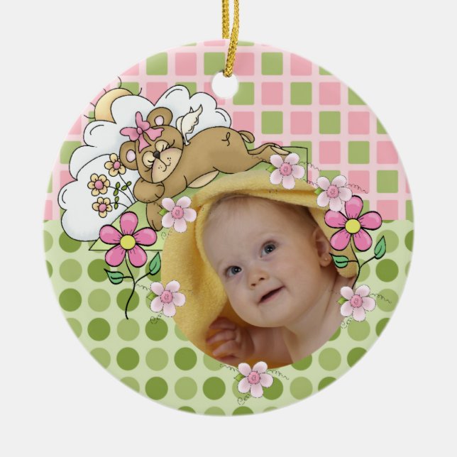 Cerâmica Ornamento de Bebê do Urso de Teddy Rosa e Verde (Frente)