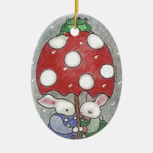 Cerâmica Ornamento de Bunny Xmas Chuva (Frente)