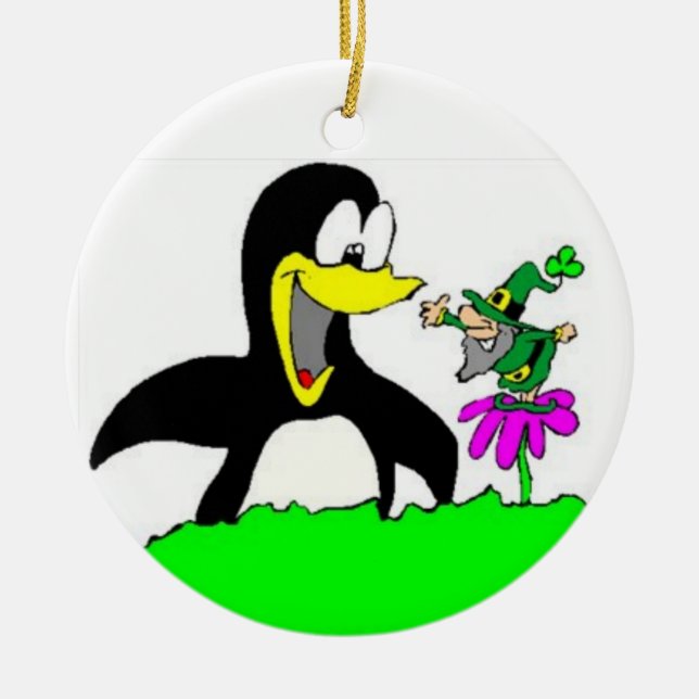 Cerâmica Ornamento de Cartoon Penguin e Leprechaun (Frente)