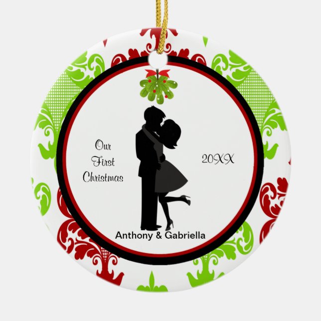 Cerâmica Ornamento de Casal de Beijo Primeiro Natal Junto (Frente)
