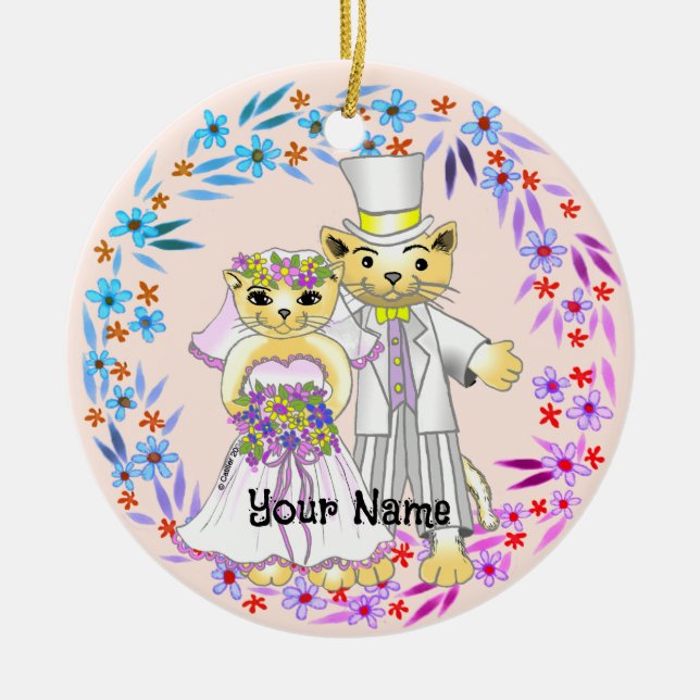 Cerâmica Ornamento de Cat Bride e Groom (Frente)