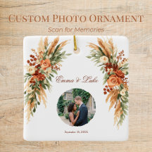 Ornamento de Código QR de Foto Floral Boho | Perso