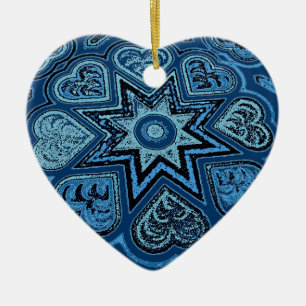 Cerâmica Ornamento de Corações de Arte Folk Azul Denim