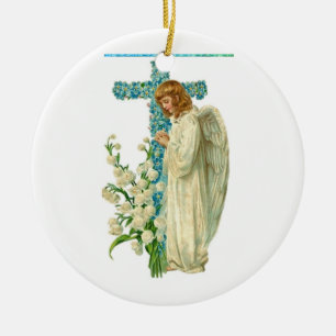 Cerâmica Ornamento de Cruz Cristã Flor Azul