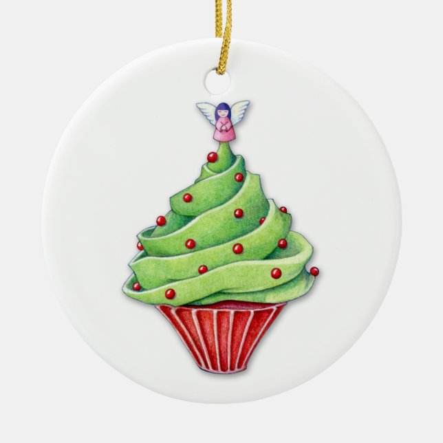Cerâmica Ornamento de Cupcakes de Árvore de Natal (Frente)