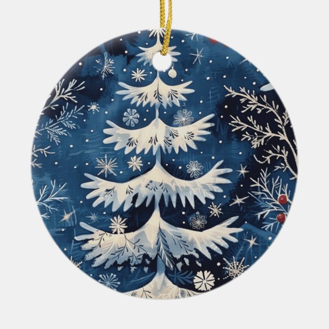 Cerâmica Ornamento de Férias de Árvore de Natal Branco Azul (Frente)
