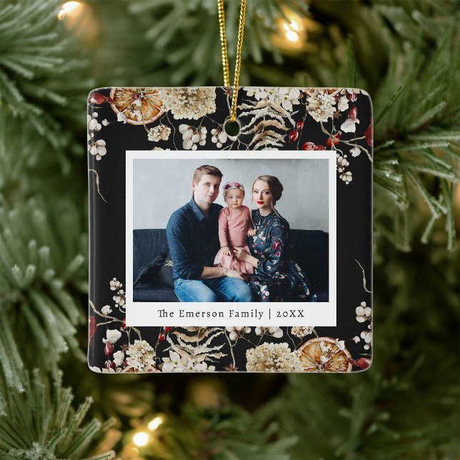 Cerâmica Ornamento de Foto Botânica (Black Rustic Boho Botanical Photo Ornament
)