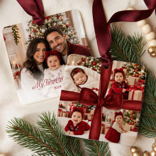 Cerâmica Ornamento de Foto de Primeiro Natal com Laço Verme