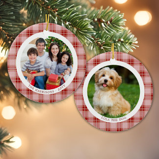 Cerâmica Ornamento de Fotos da Família Red Xadrez Natal 2