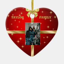 Ornamento de Fotos do Coração Vermelho e Dourado C