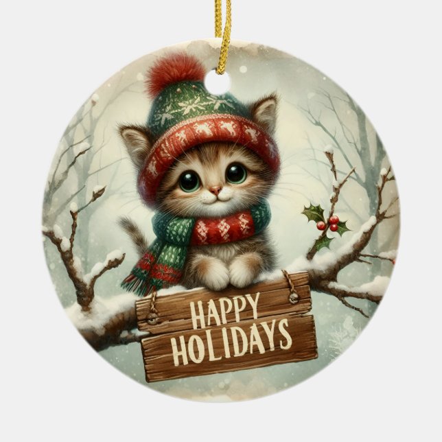 Cerâmica Ornamento de Gatinho de Natal (Frente)