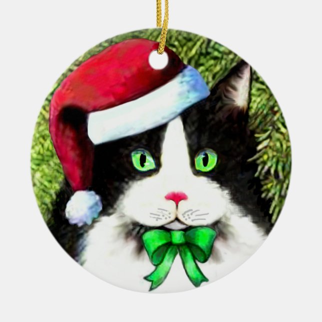 Cerâmica Ornamento de Gato de Natal do Papai Noel (Frente)
