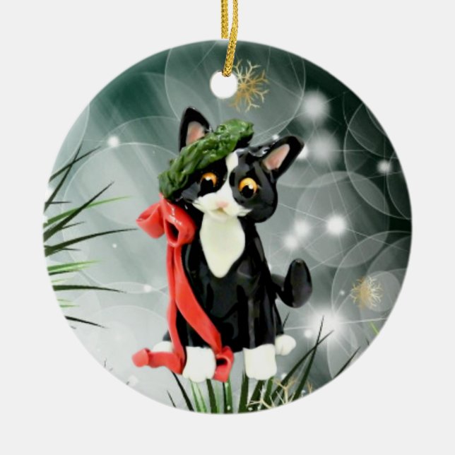 Cerâmica Ornamento de Gato de Tuxedo Preto e Branco (Frente)