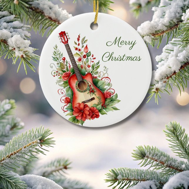 Cerâmica Ornamento de Guitarra e Flores de Feliz Natal (Criador carregado)