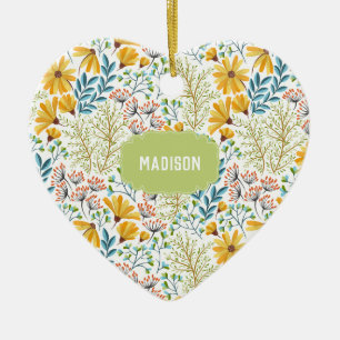 Cerâmica Ornamento de Ilustração de Flor de Nome Personal