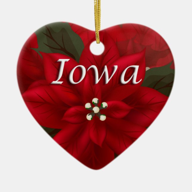Cerâmica Ornamento de Iowa Red Poinsettia Heart Keepsaokê (Frente)