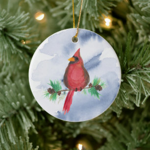 Cerâmica Ornamento de Natal com Cardinal Vermelho em Aquare