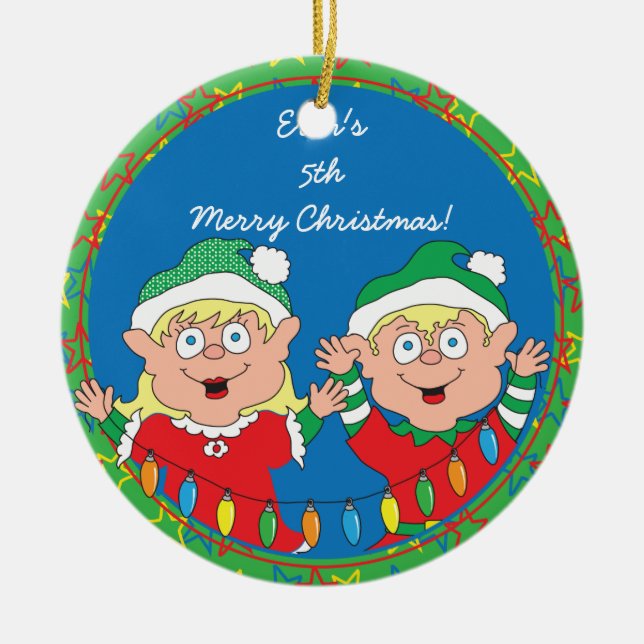 Cerâmica Ornamento de Natal "Elves Felizes" (Frente)
